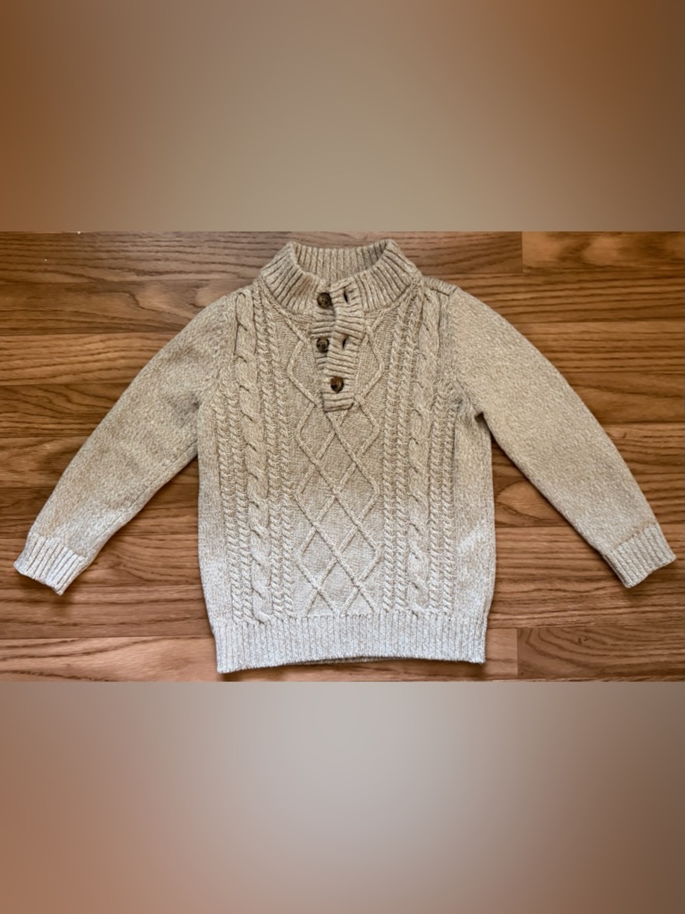 ⭐️2/$12 OshKosh B'gosh Boys 3T Cream/Tan Cable-Knit Button Mock Neck Sweater